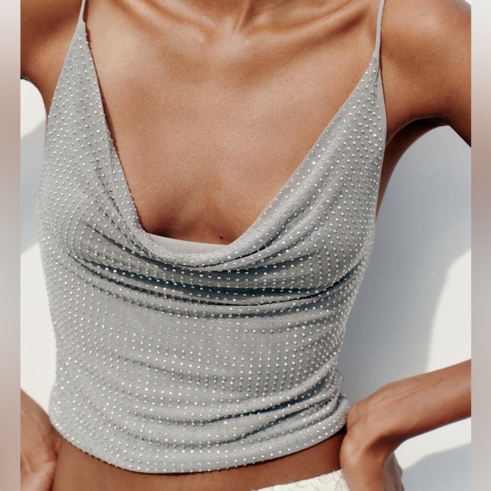 ZARA SHINY TULLE TOP - DARK GREY